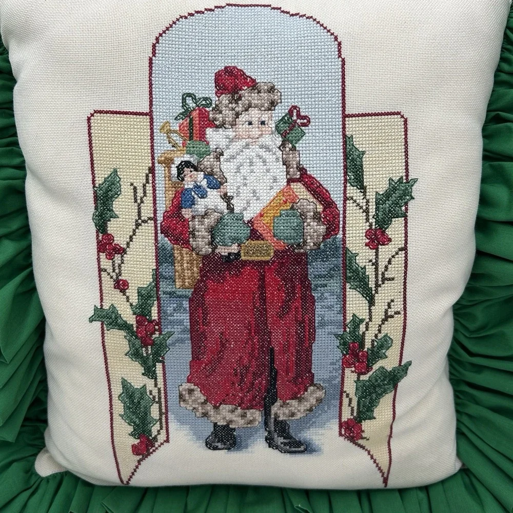 Vintage Handmade Cross Stitch Christmas Pillow Santa‎ Claus Ruffled Trim